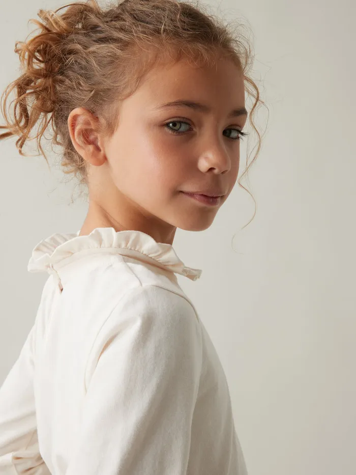 Girls Cyrillus Clothing Organic Cotton TShirt With High Neckline Ecru