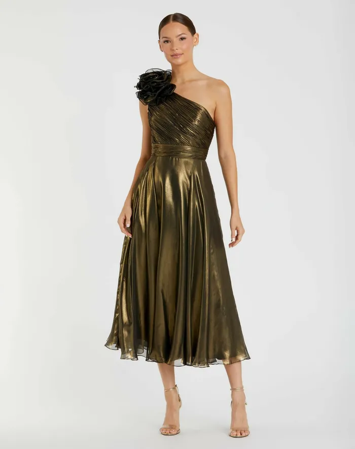 Gold Rosette One Shoulder Tea Length Dress Antique Gold Best Sellers Mac Duggal Women