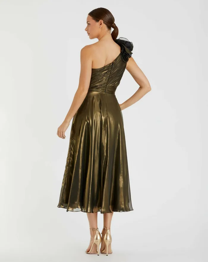 Gold Rosette One Shoulder Tea Length Dress Antique Gold Best Sellers Mac Duggal Women