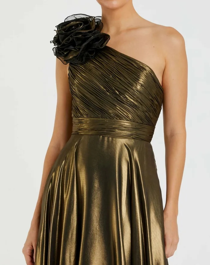Gold Rosette One Shoulder Tea Length Dress Antique Gold Best Sellers Mac Duggal Women