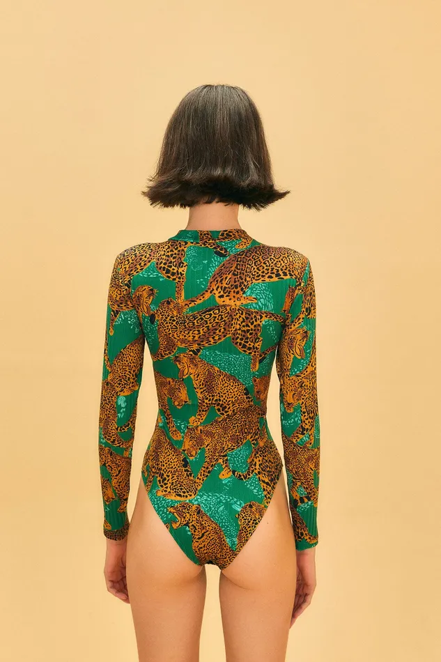 Green Artsy Leopards Organic Cotton Bodysuit Women Farm Rio Bodysuits