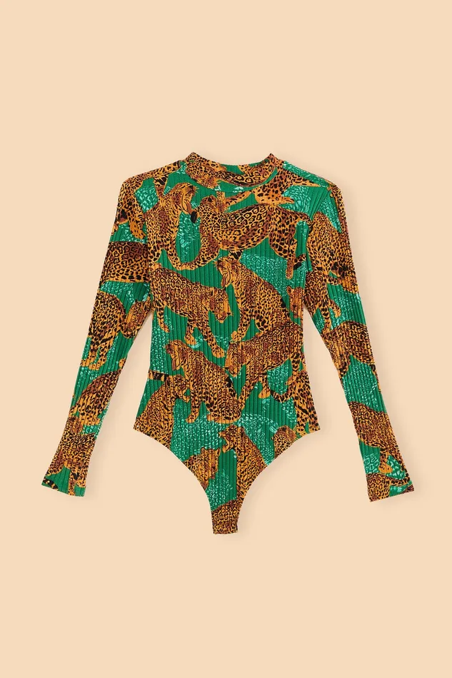 Green Artsy Leopards Organic Cotton Bodysuit Women Farm Rio Bodysuits