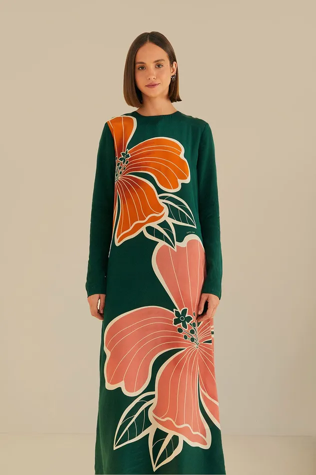 Green Honolulu Flowers Long Sleeve Maxi Dress Women Farm Rio Maxi Dresses