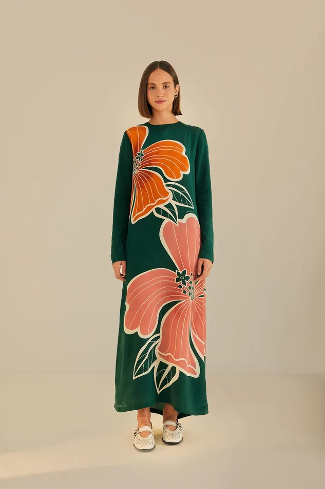 Green Honolulu Flowers Long Sleeve Maxi Dress Women Farm Rio Maxi Dresses
