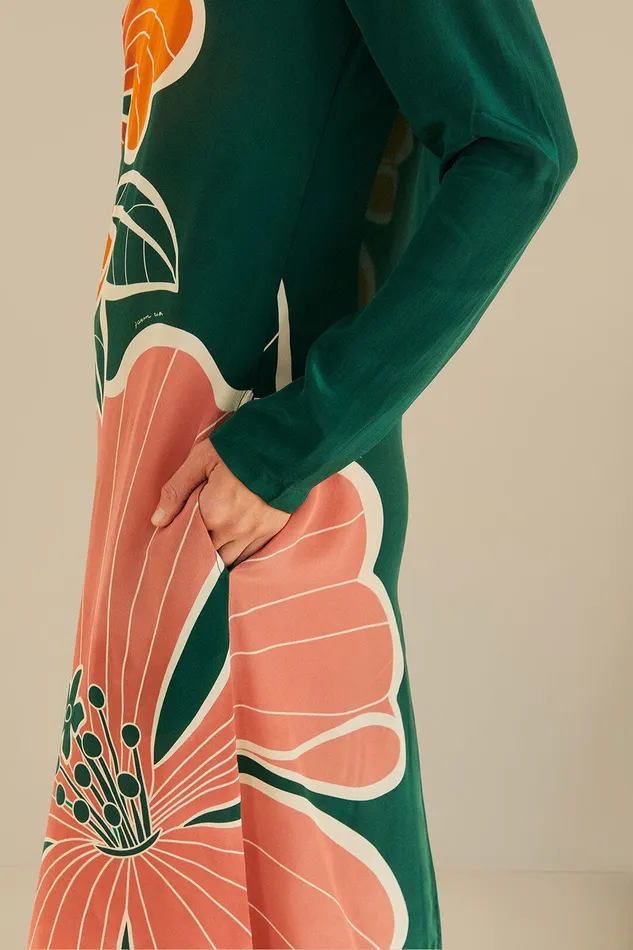 Green Honolulu Flowers Long Sleeve Maxi Dress Women Farm Rio Maxi Dresses
