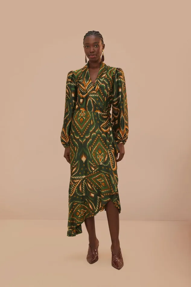 Green Pineapple Ikat Long Sleeve Midi Dress Women Farm Rio Midi Dresses