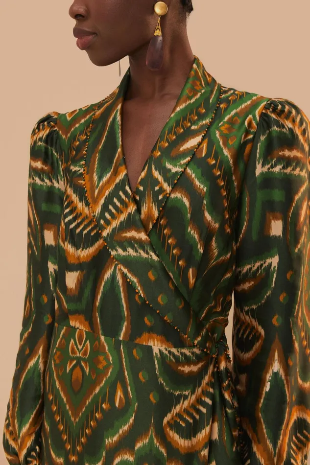 Green Pineapple Ikat Long Sleeve Midi Dress Women Farm Rio Midi Dresses
