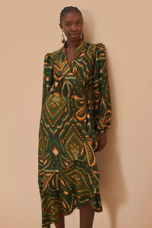Green Pineapple Ikat Long Sleeve Midi Dress Women Farm Rio Midi Dresses