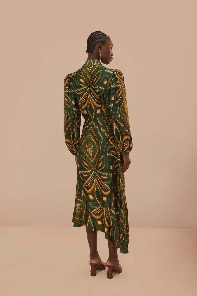 Green Pineapple Ikat Long Sleeve Midi Dress Women Farm Rio Midi Dresses