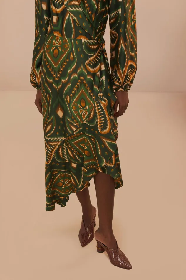 Green Pineapple Ikat Long Sleeve Midi Dress Women Farm Rio Midi Dresses