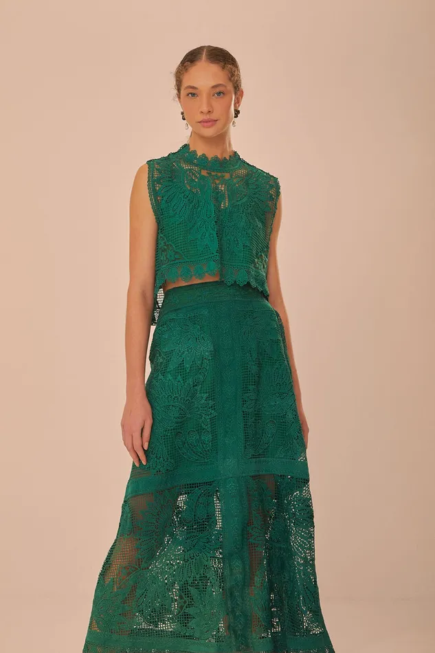 Green Toucans Guipure Midi Skirt Women Farm Rio Skirts