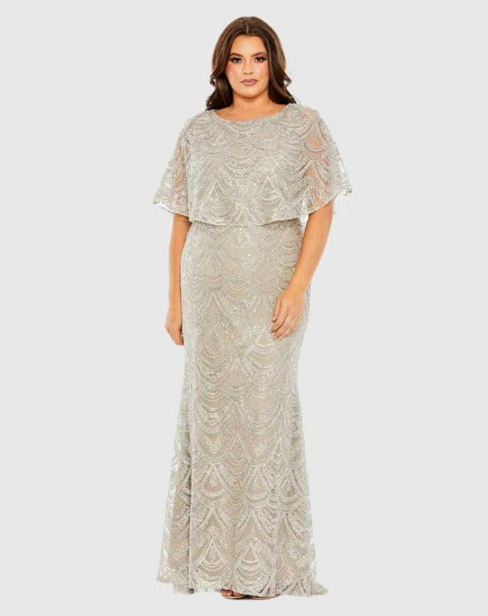 High Neck Embellished Column Dress With Cape Plus Size Gown Platinum Women Plus Size Dresses Mac Duggal