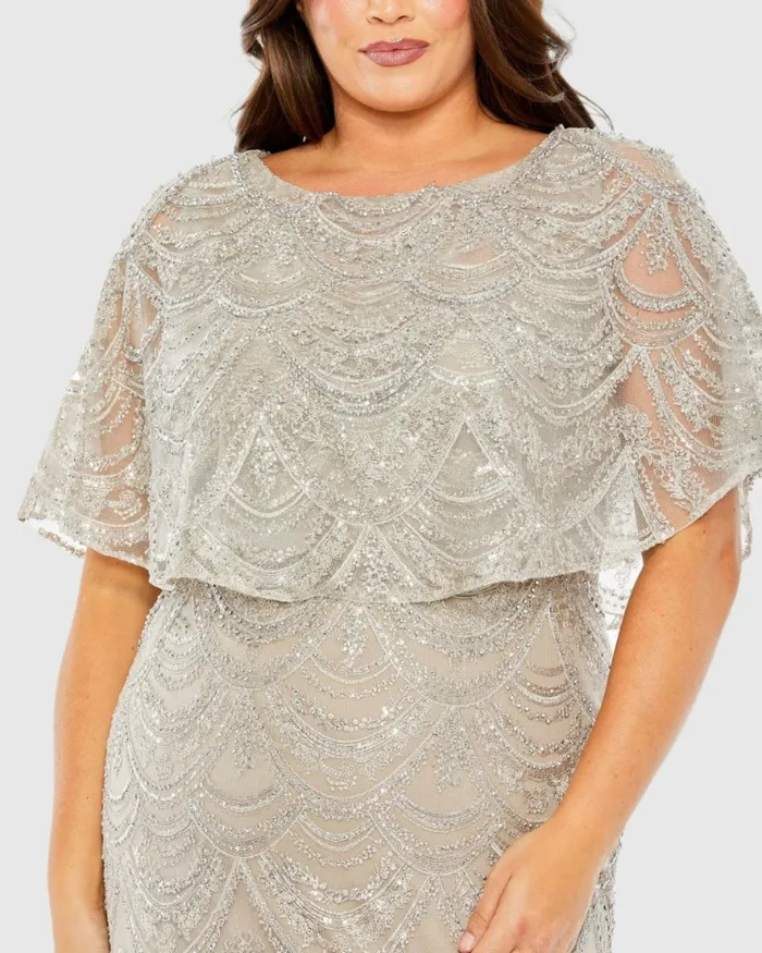 High Neck Embellished Column Dress With Cape Plus Size Gown Platinum Women Plus Size Dresses Mac Duggal
