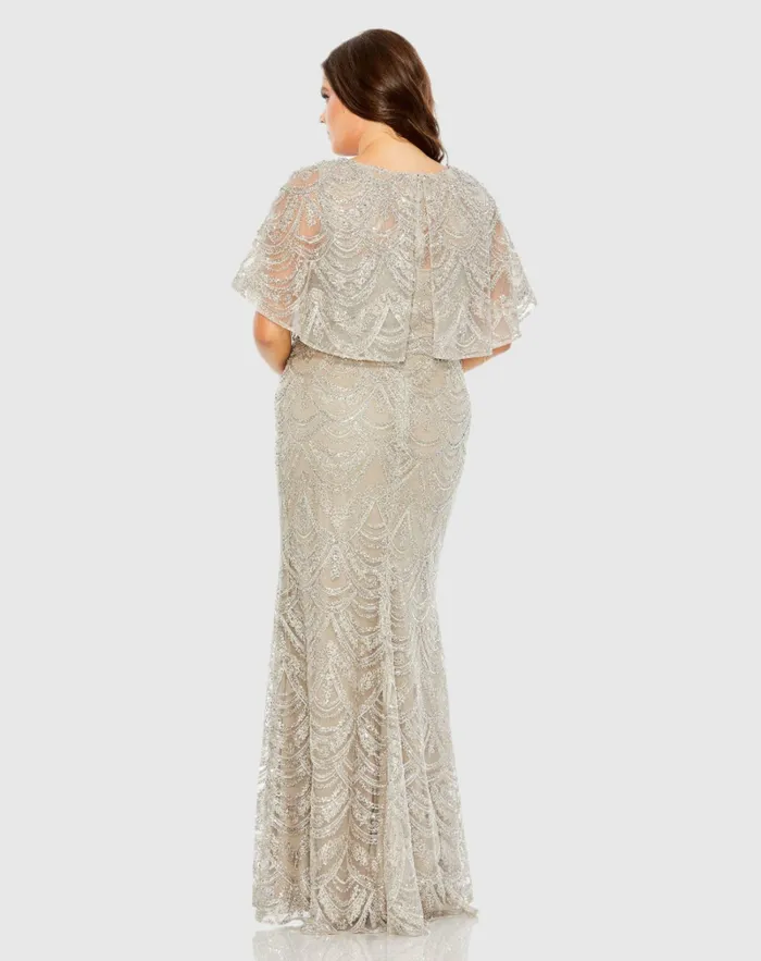 High Neck Embellished Column Dress With Cape Plus Size Gown Platinum Women Plus Size Dresses Mac Duggal