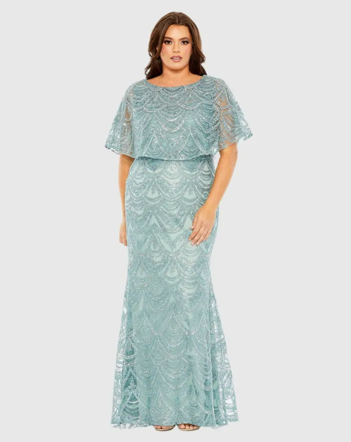High Neck Embellished Column Dress With Cape Plus Size Gown Platinum Women Plus Size Dresses Mac Duggal