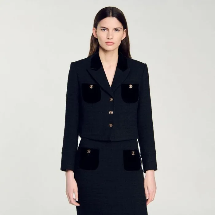 Jackets and Blazers Women SANDRO Velvet Tweed Cropped Jacket Black