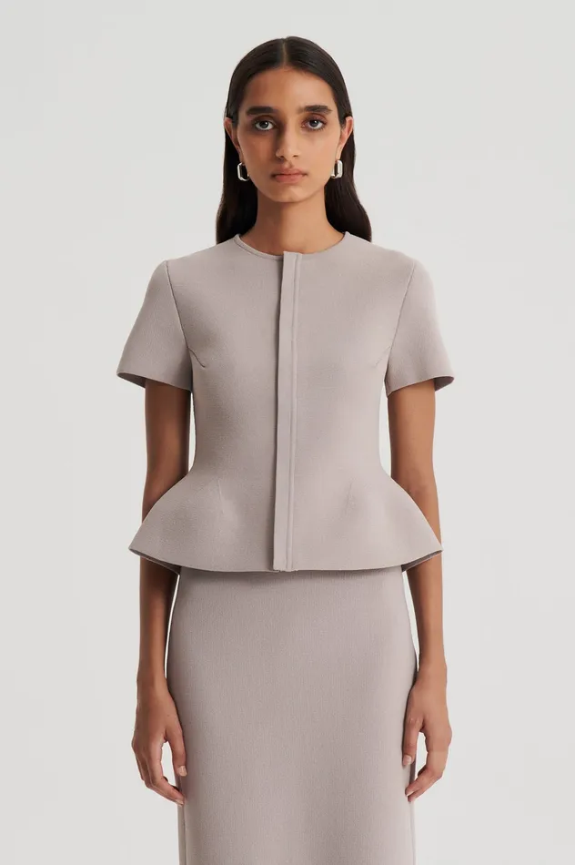 Jackets CREPE KNIT SHORT SLEEVE PEPLUM JACKET OYSTER 8211 Scanlan Theodore Women Jackets CREPE KNIT SHORT SLEEVE PEPLUM JACKET OYSTER 8211 Scanlan Theodore Women