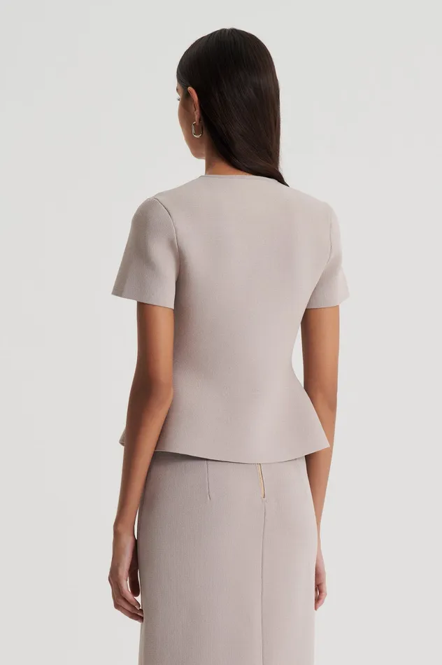Jackets CREPE KNIT SHORT SLEEVE PEPLUM JACKET OYSTER 8211 Scanlan Theodore Women Jackets CREPE KNIT SHORT SLEEVE PEPLUM JACKET OYSTER 8211 Scanlan Theodore Women