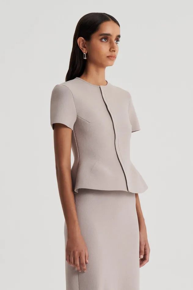 Jackets CREPE KNIT SHORT SLEEVE PEPLUM JACKET OYSTER 8211 Scanlan Theodore Women Jackets CREPE KNIT SHORT SLEEVE PEPLUM JACKET OYSTER 8211 Scanlan Theodore Women