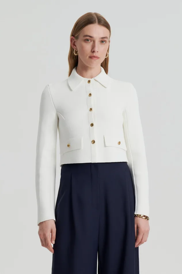 Jackets Women CREPE KNIT CROP BUTTON JACKET CREAM GOLD Scanlan Theodore Jackets Women CREPE KNIT CROP BUTTON JACKET CREAM GOLD Scanlan Theodore