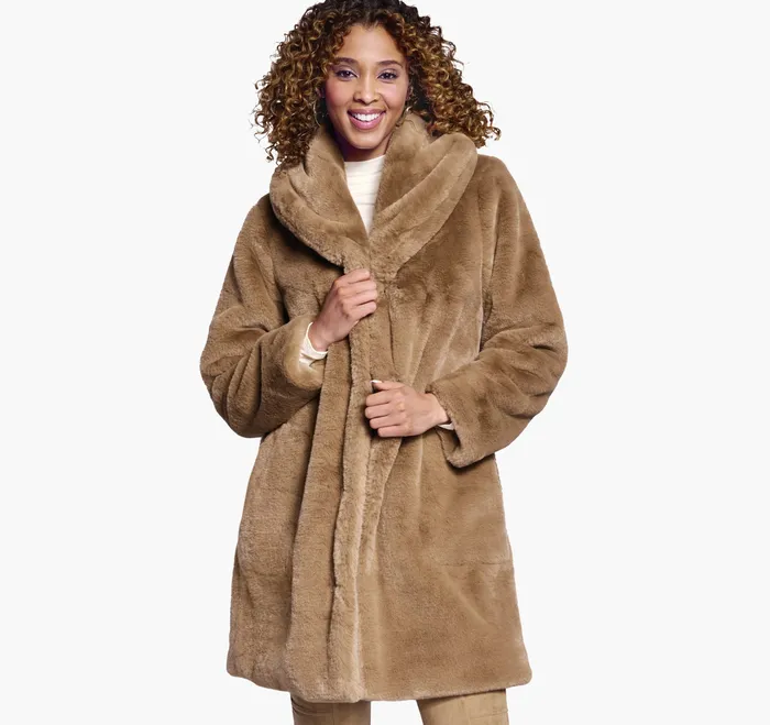 Johnston and Murphy Coats Jackets and Vests Women FauxFur ShawlCollar Coat Camel
