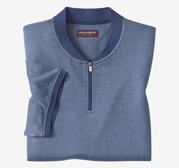 Johnston and Murphy Polos and Tees Men Jacquard Zip Polo BlueWhite Hexagon