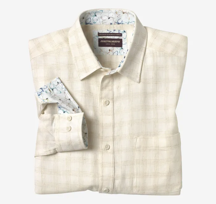 Johnston and Murphy Shirts Men Washed LinenBlend Shirt WhiteTan Windowpane