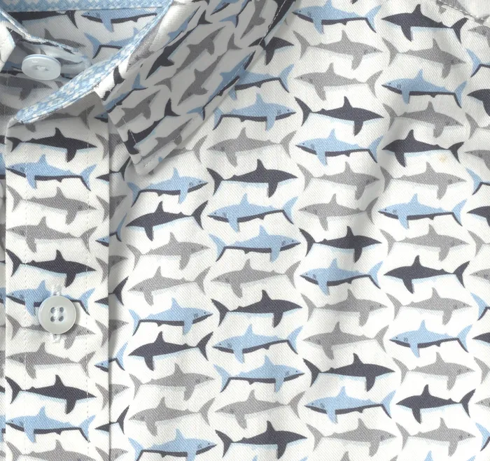 Johnston and Murphy ShortSleeve Shirts Men Printed ShortSleeve Shirt WhiteBlue Shark