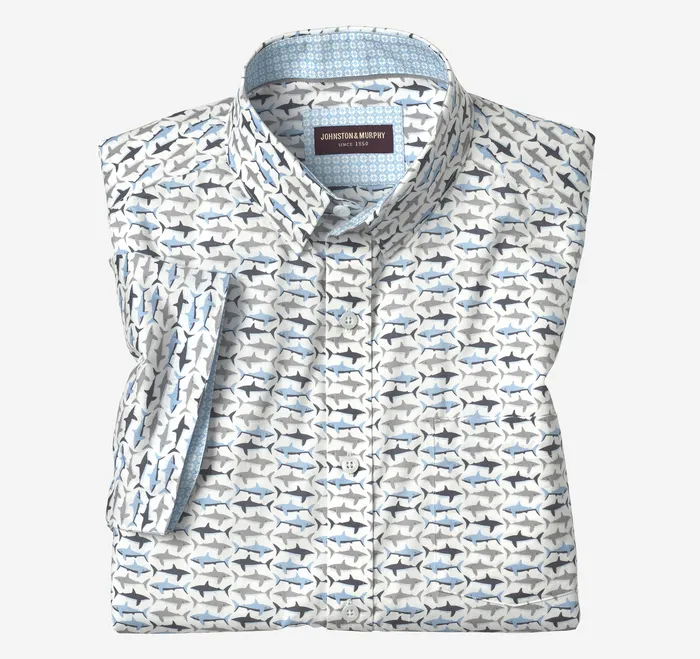 Johnston and Murphy ShortSleeve Shirts Men Printed ShortSleeve Shirt WhiteBlue Shark