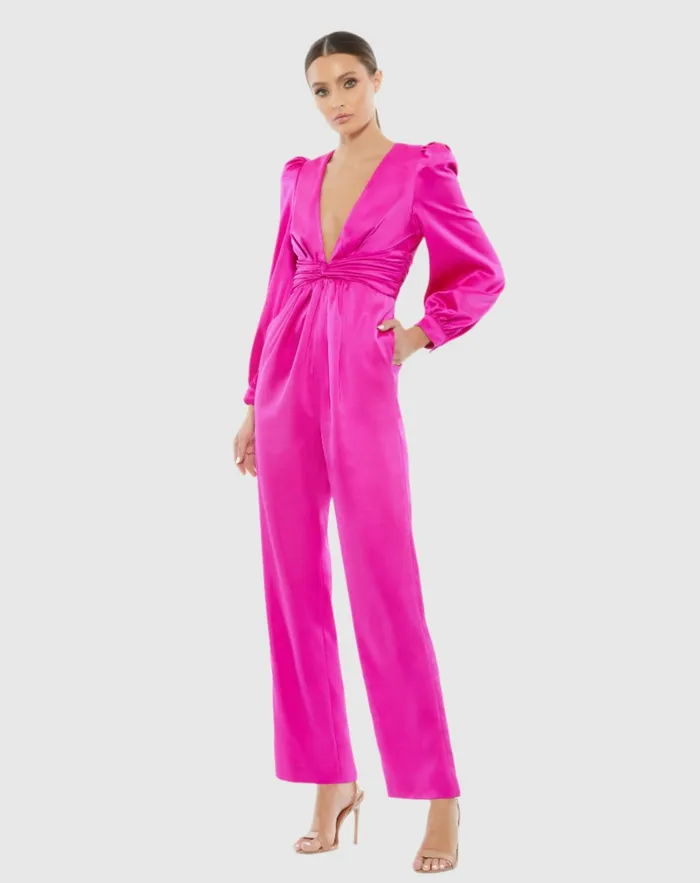 Jumpsuits and Rompers Pink Front Twist Puff Sleeve Deep V Jumpsuit Fuchsia Mac Duggal Women