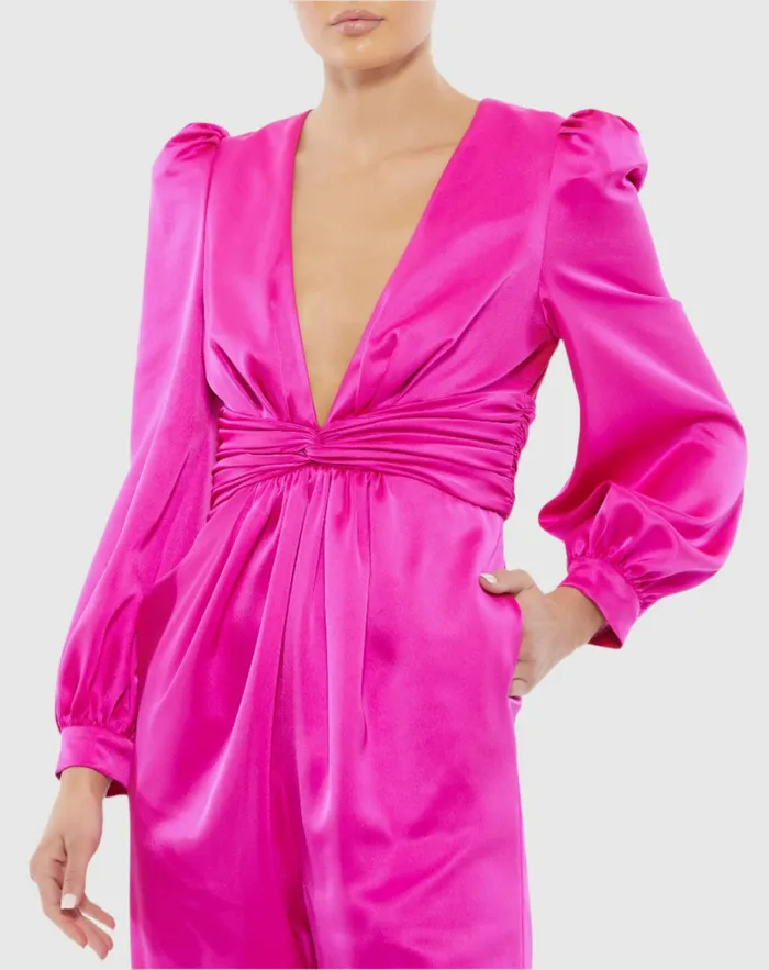 Jumpsuits and Rompers Pink Front Twist Puff Sleeve Deep V Jumpsuit Fuchsia Mac Duggal Women