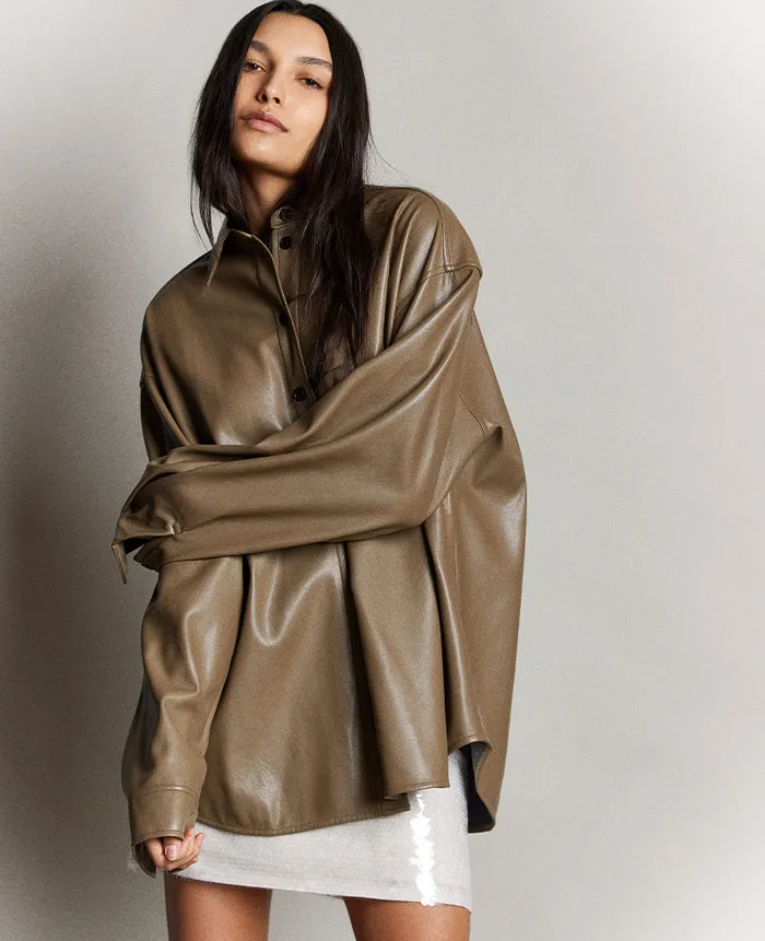 Kenneth Cole Blazers and Jackets Women Vegan Leather Oversized Shacket Brown