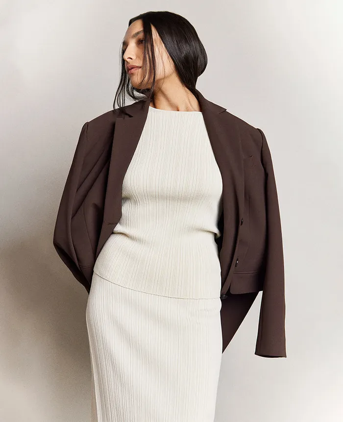Kenneth Cole Matching Sets Women Fitted Ribbed Crew Neck Pullover Sweater Beige