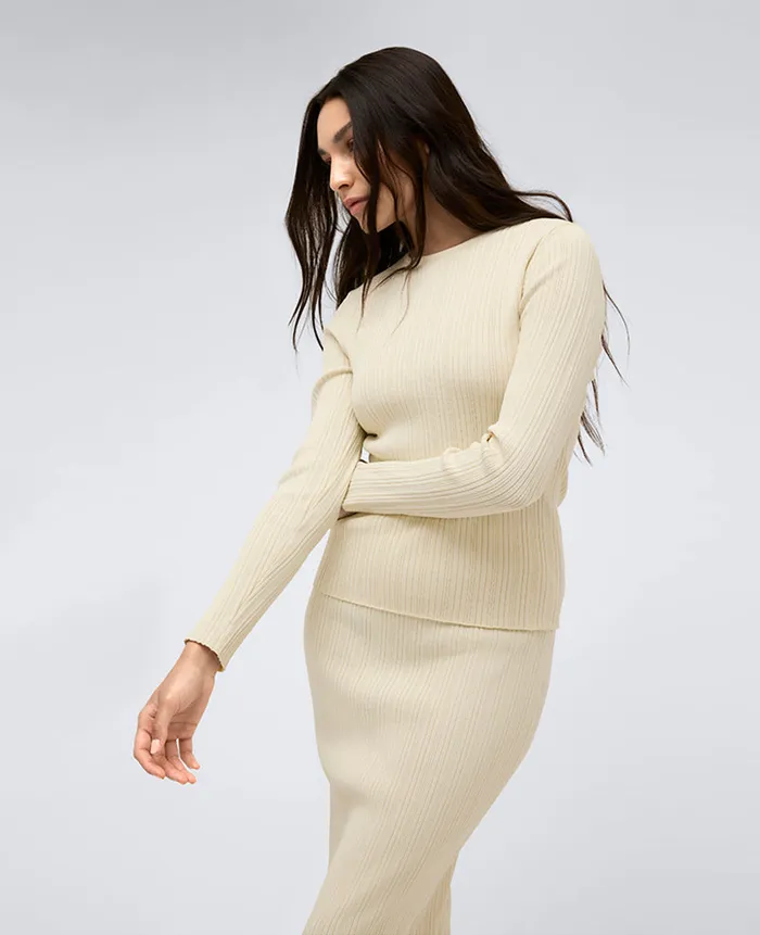 Kenneth Cole Matching Sets Women Fitted Ribbed Crew Neck Pullover Sweater Beige