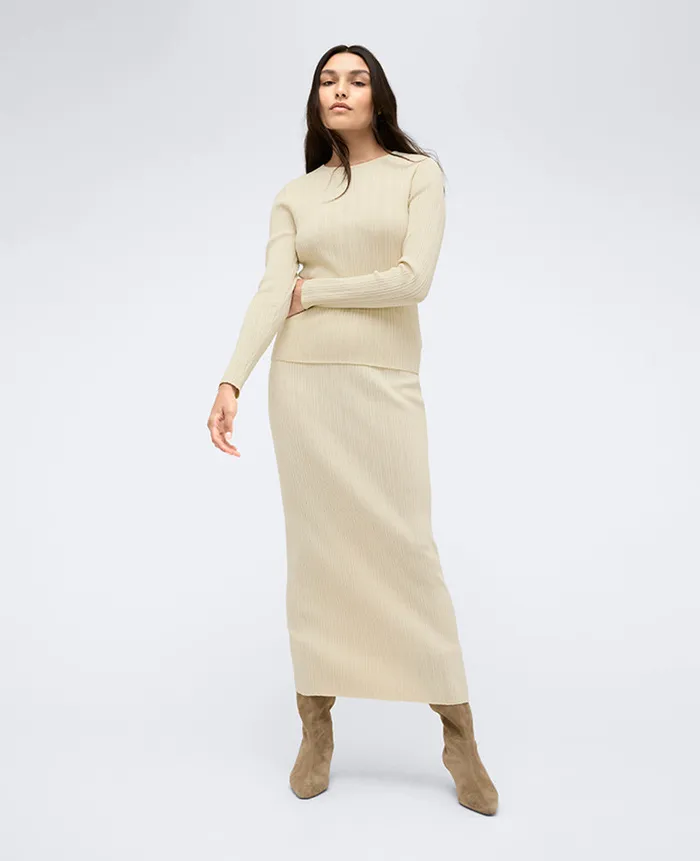 Kenneth Cole Matching Sets Women Fitted Ribbed Crew Neck Pullover Sweater Beige