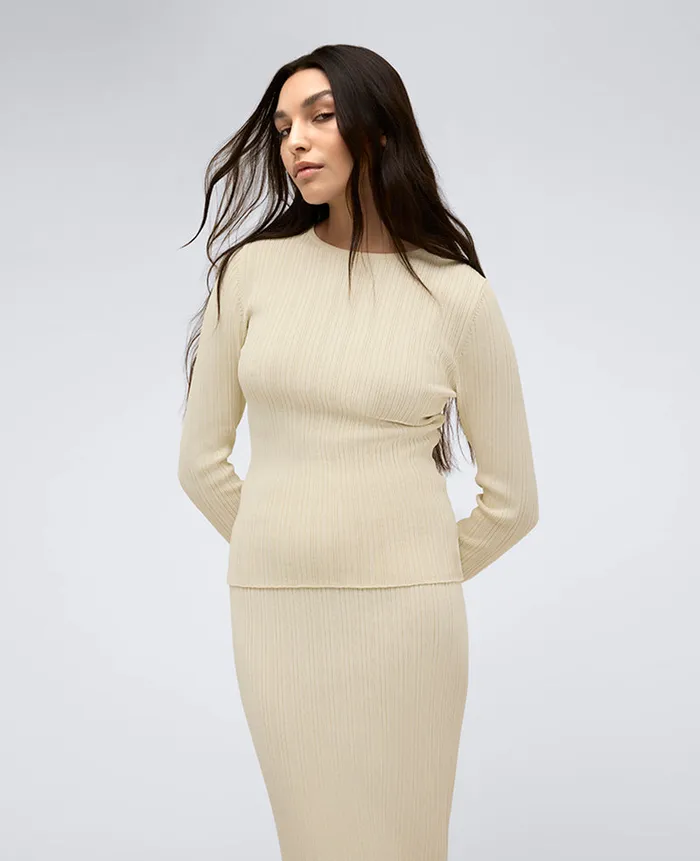 Kenneth Cole Matching Sets Women Fitted Ribbed Crew Neck Pullover Sweater Beige