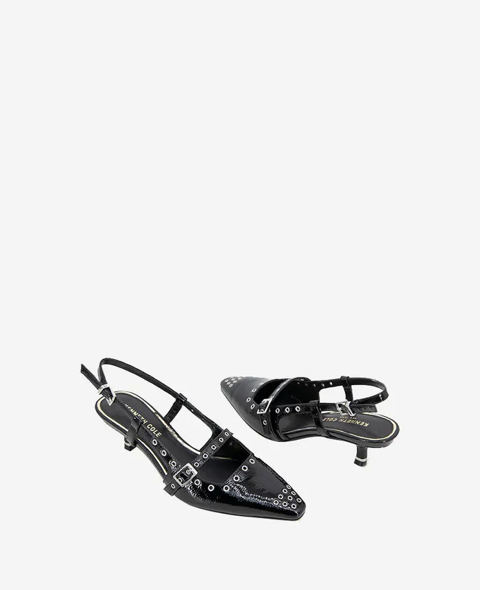 Kenneth Cole Pumps and Heels Women Martha Patent Eyelet Slingback Kitten Heel Black
