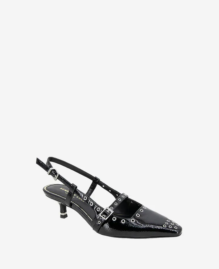 Kenneth Cole Pumps and Heels Women Martha Patent Eyelet Slingback Kitten Heel Black