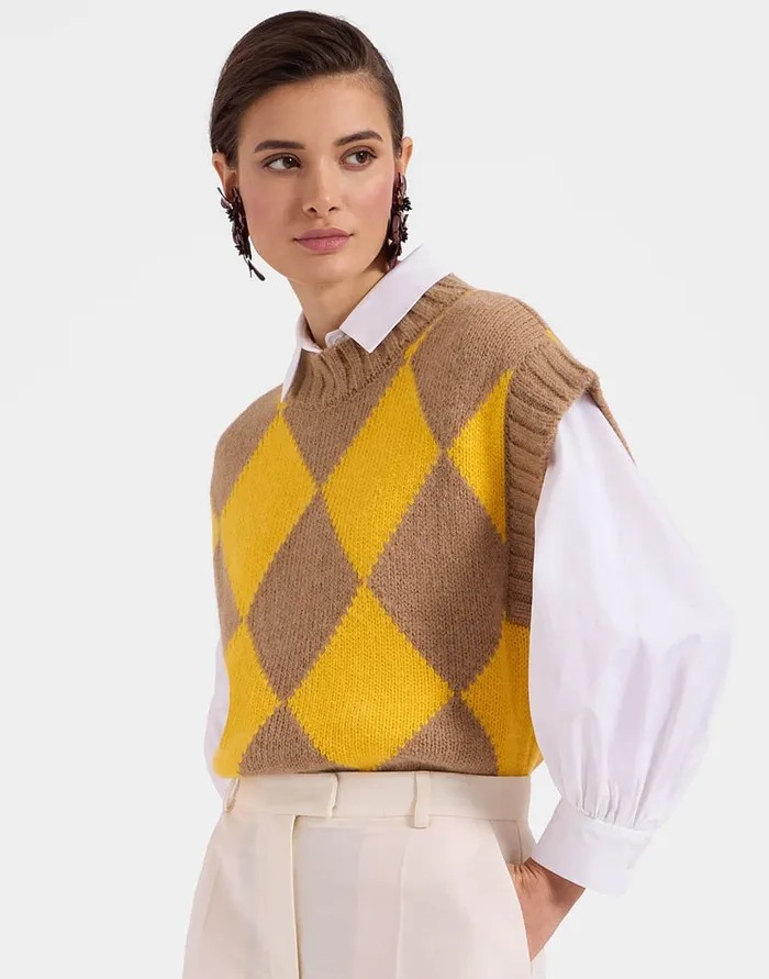 La Doublej Argyle Gilet CamelYellow In Wool Women Knitwear