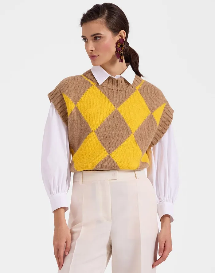 La Doublej Argyle Gilet CamelYellow In Wool Women Knitwear
