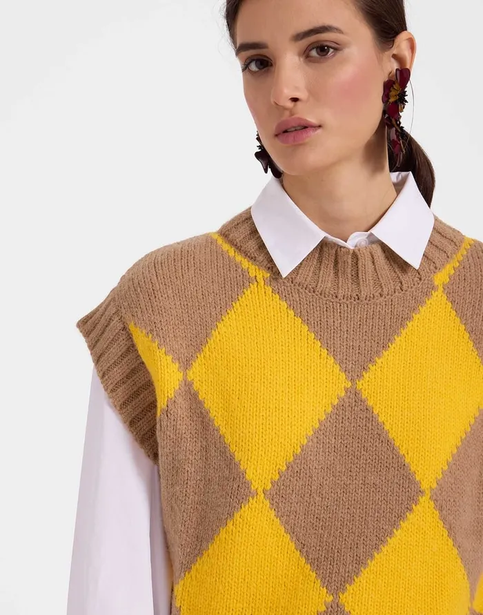 La Doublej Argyle Gilet CamelYellow In Wool Women Knitwear