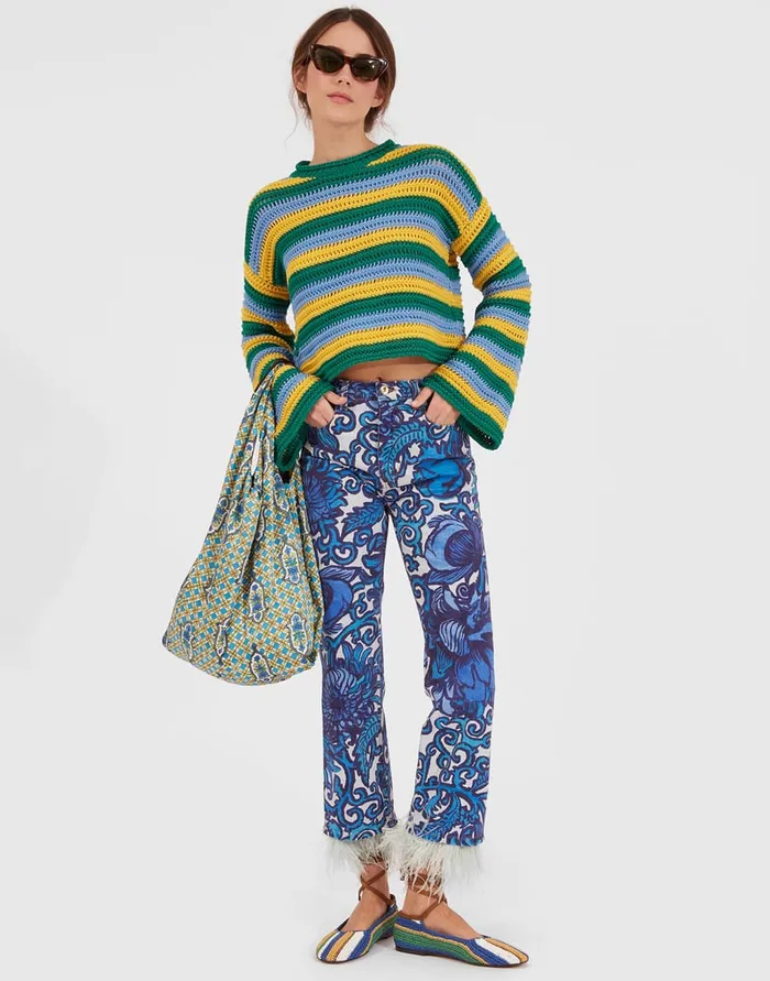 La Doublej Fancy Crop Jeans With Feathers Anemone In Denim Women Denim