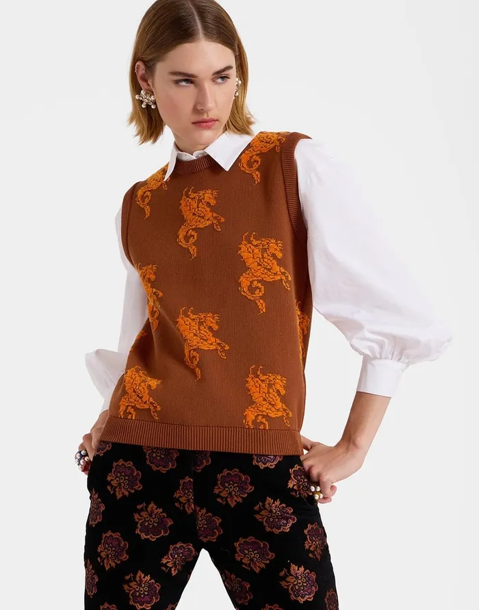 La Doublej Gryphos Gilet Brown In Fleece Jacquard Women Knitwear