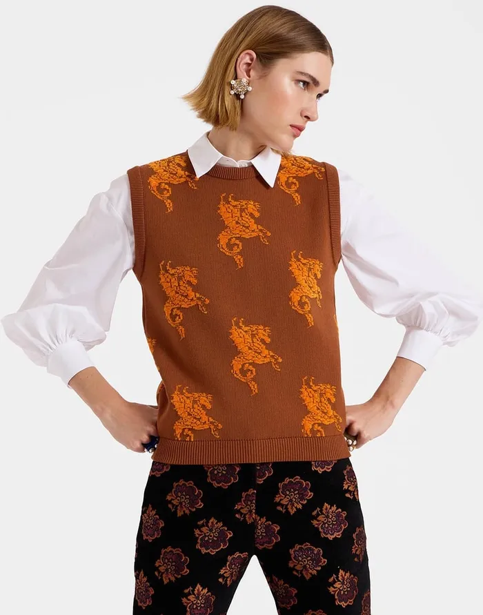 La Doublej Gryphos Gilet Brown In Fleece Jacquard Women Knitwear