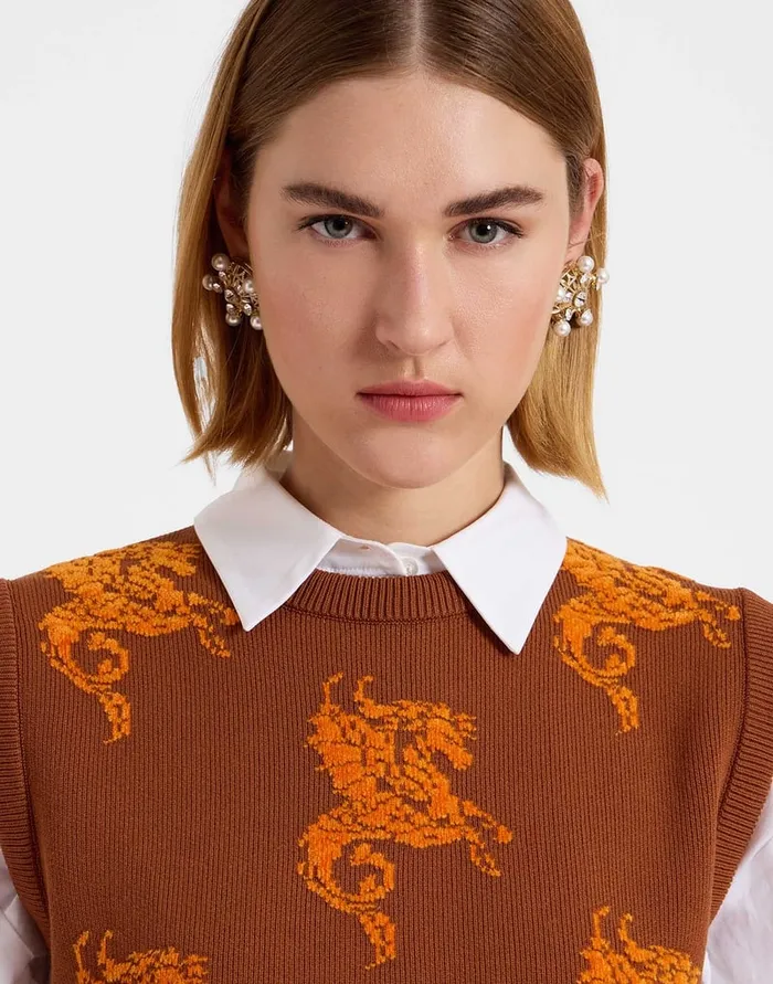 La Doublej Gryphos Gilet Brown In Fleece Jacquard Women Knitwear