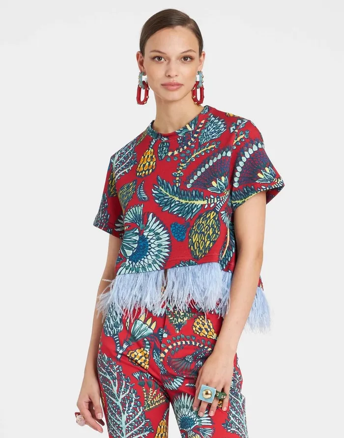 La Doublej La Scala Tee Sicomore Red In Jersey With Feathers Women TShirts and Sweatshirts
