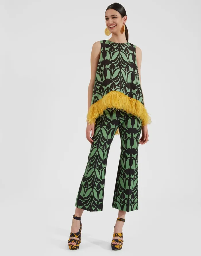 La Doublej La Scala Top Papyrus Green In Faille With Feathers Women Shirts and Tops