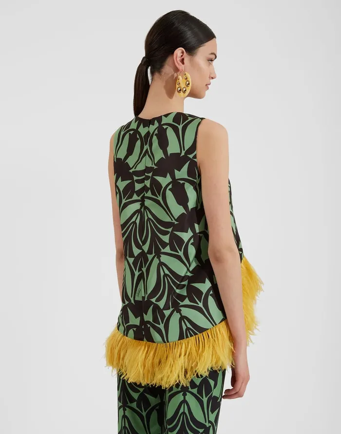 La Doublej La Scala Top Papyrus Green In Faille With Feathers Women Shirts and Tops