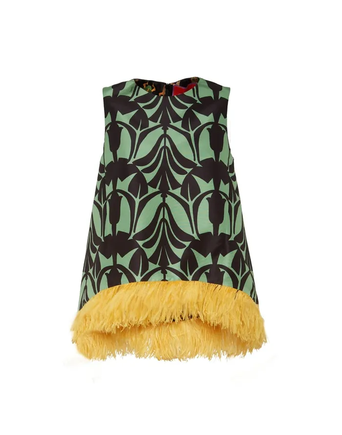 La Doublej La Scala Top Papyrus Green In Faille With Feathers Women Shirts and Tops