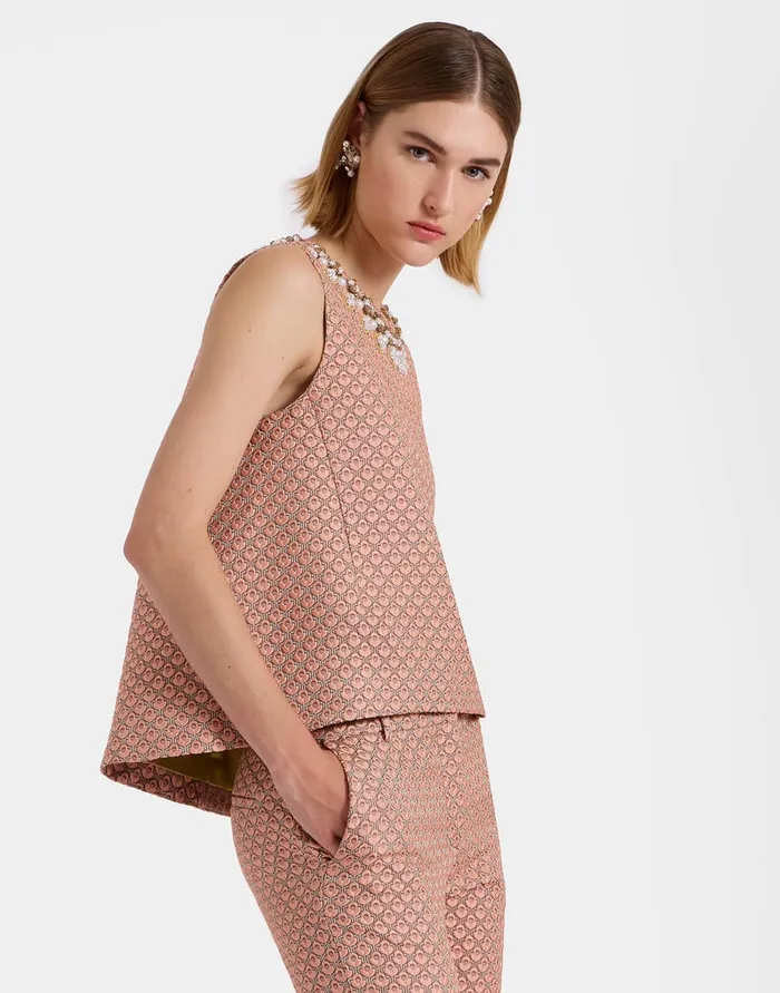 La Doublej La Scala Top Tulip Pale Pink In Jacquard Embroidered Women Party Dressing